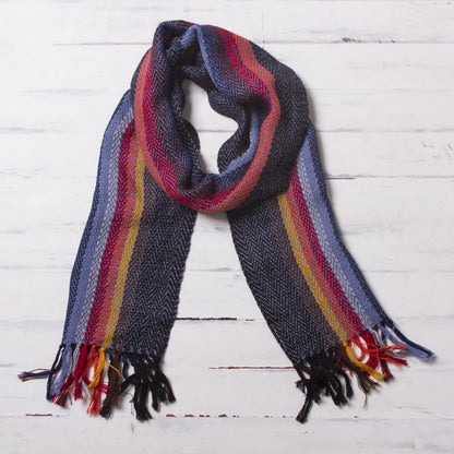 Rugged Rainbow Soft Black with Colorful Stripes Handwoven 100% Alpaca Scarf