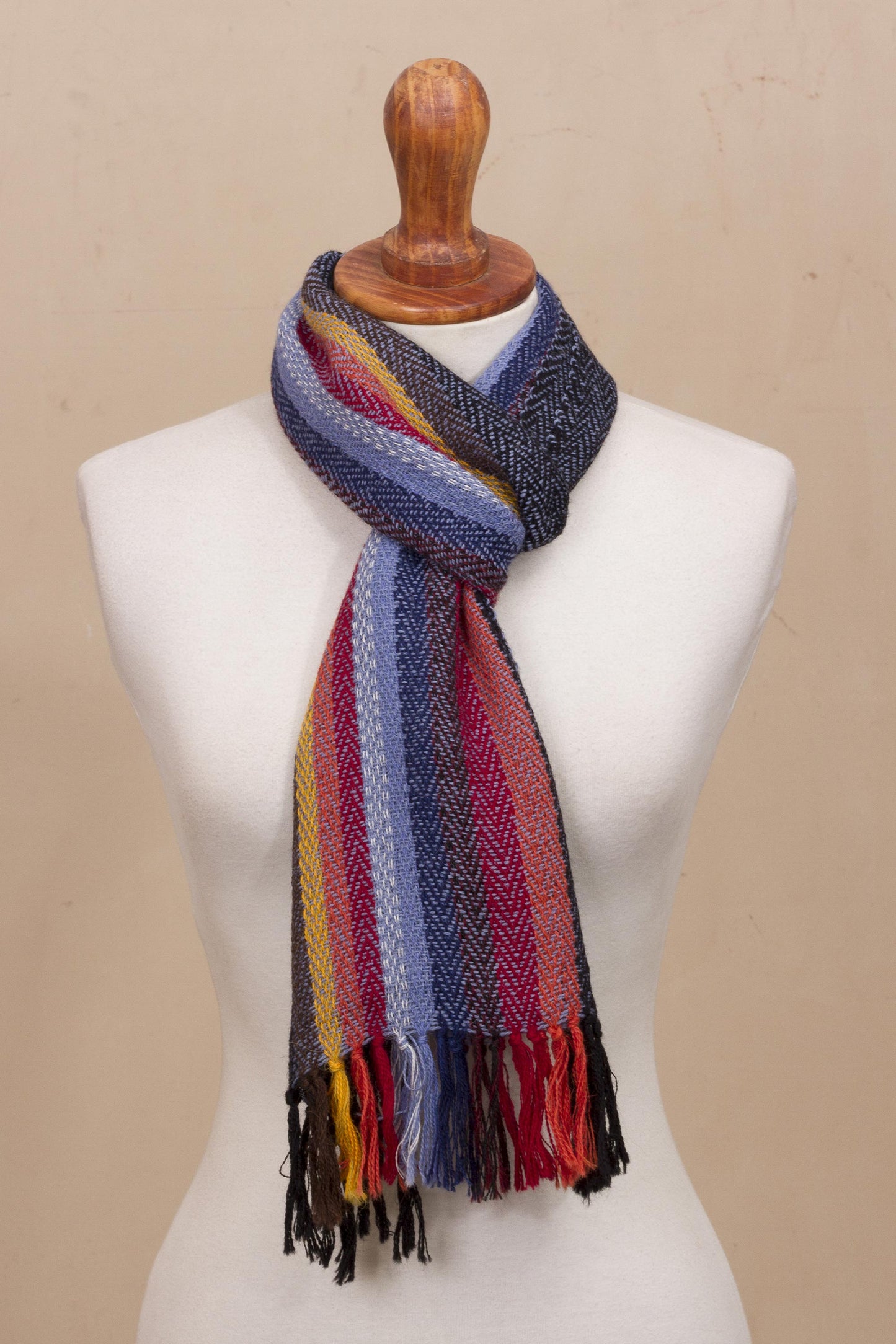 Rugged Rainbow Soft Black with Colorful Stripes Handwoven 100% Alpaca Scarf