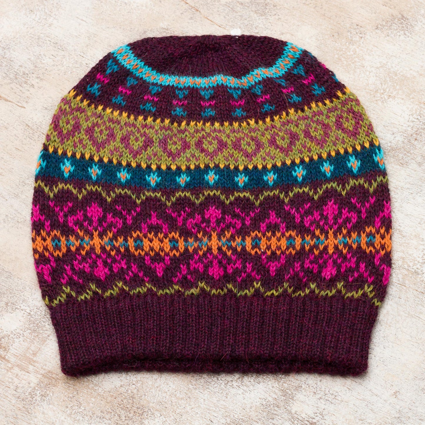 Colorful Carousel Multi-Color 100% Alpaca Knit Hat with Rows of Varying Motifs