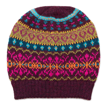 Colorful Carousel Multi-Color 100% Alpaca Knit Hat with Rows of Varying Motifs