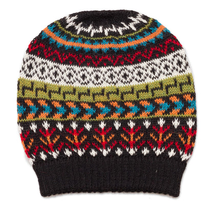 Motif Medley Multi-Color 100% Alpaca Knit Hat with Geometric Motifs