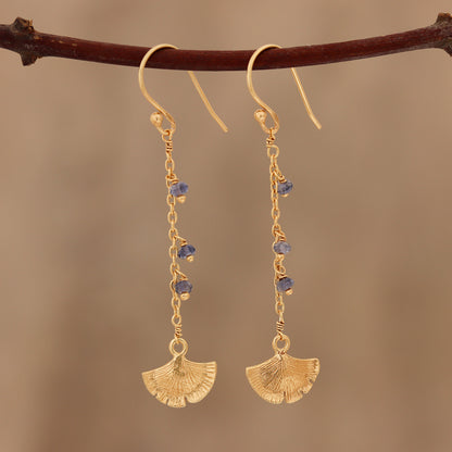 Ginkgo Hope Gold Plated Iolite Ginkgo Leaf Dangle Earrings from India