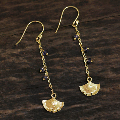 Ginkgo Hope Gold Plated Iolite Ginkgo Leaf Dangle Earrings from India