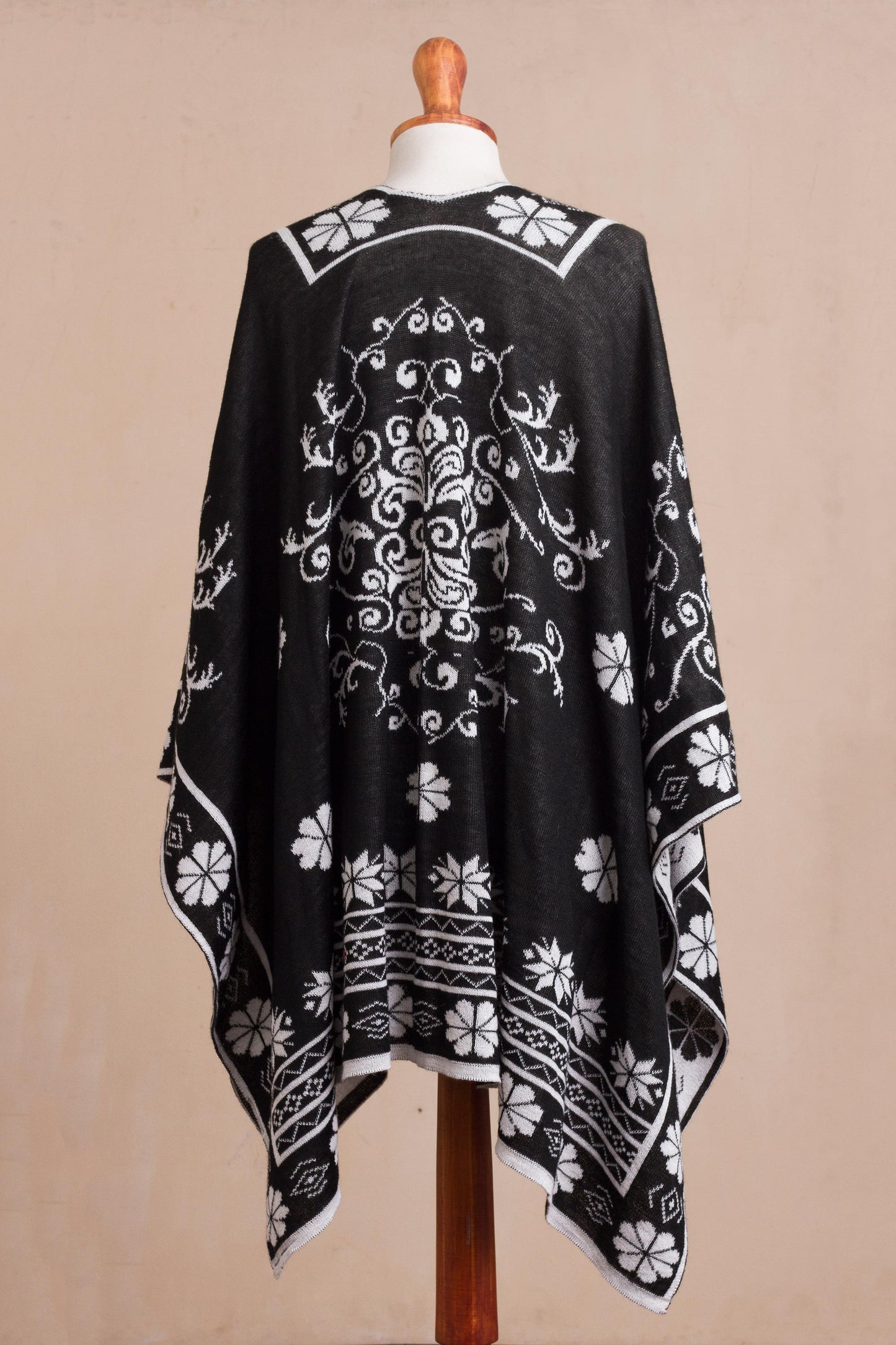 Inca Garden in Black Reversible Alpaca Blend Ruana in Black and White from Peru
