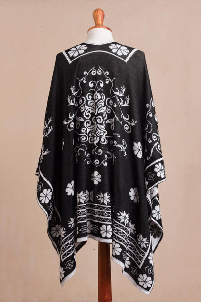 Inca Garden in Black Reversible Alpaca Blend Ruana in Black and White from Peru