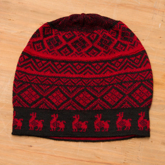Alpaca Parade in Red Black and Crimson Red Diamond Motif Alpaca Blend Knit Hat