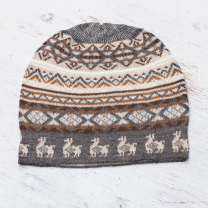 Alpaca Mountain Off-White Brown and Grey Diamond Motif Alpaca Blend Knit Hat