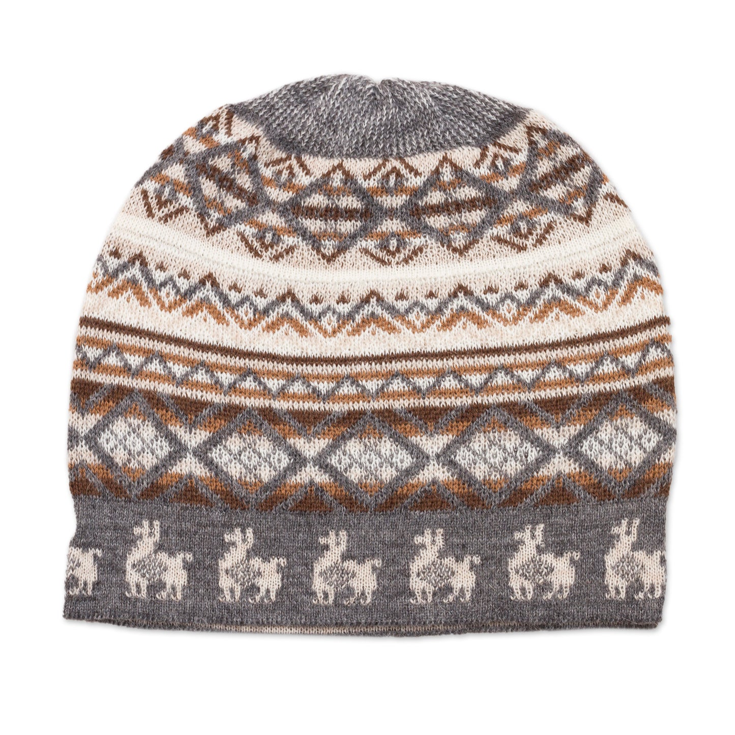 Alpaca Mountain Off-White Brown and Grey Diamond Motif Alpaca Blend Knit Hat