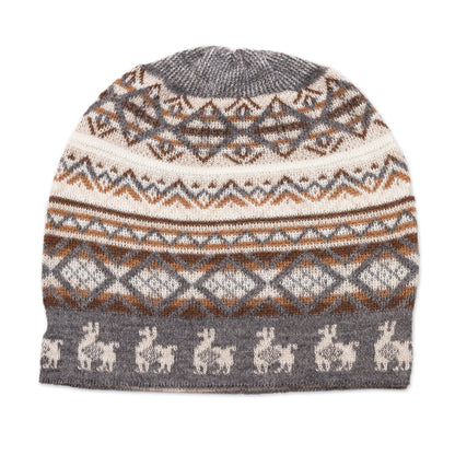 Alpaca Mountain Off-White Brown and Grey Diamond Motif Alpaca Blend Knit Hat