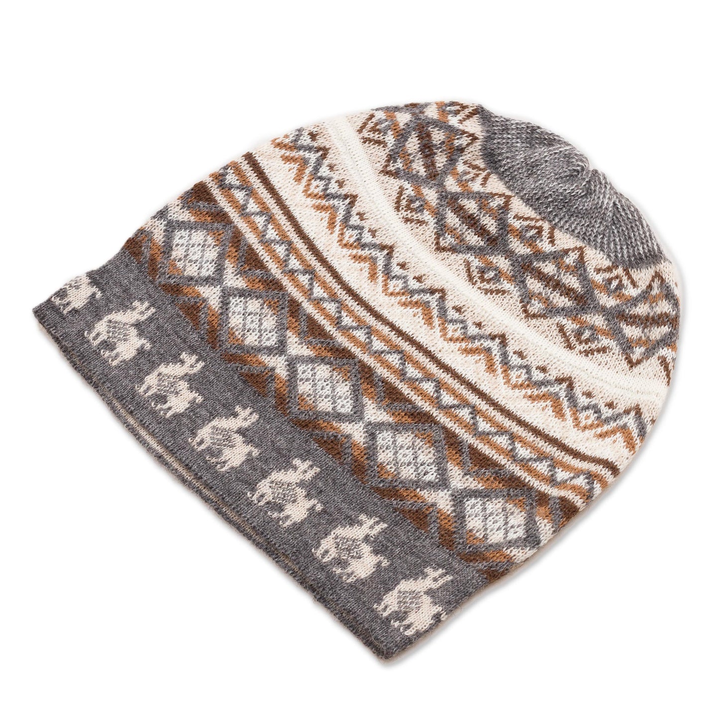 Alpaca Mountain Off-White Brown and Grey Diamond Motif Alpaca Blend Knit Hat