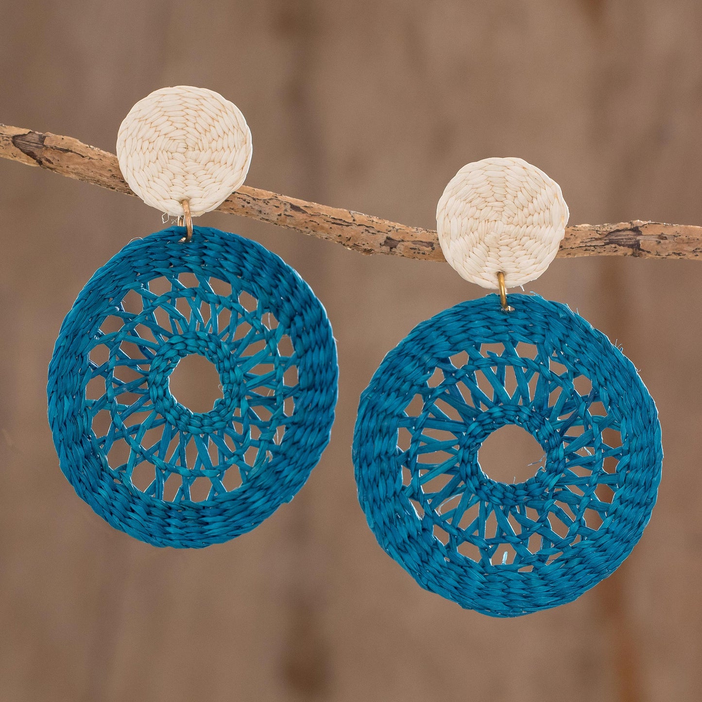 Delightful Nature in Azure Handmade Circular Natural Fiber Earrings in Azure