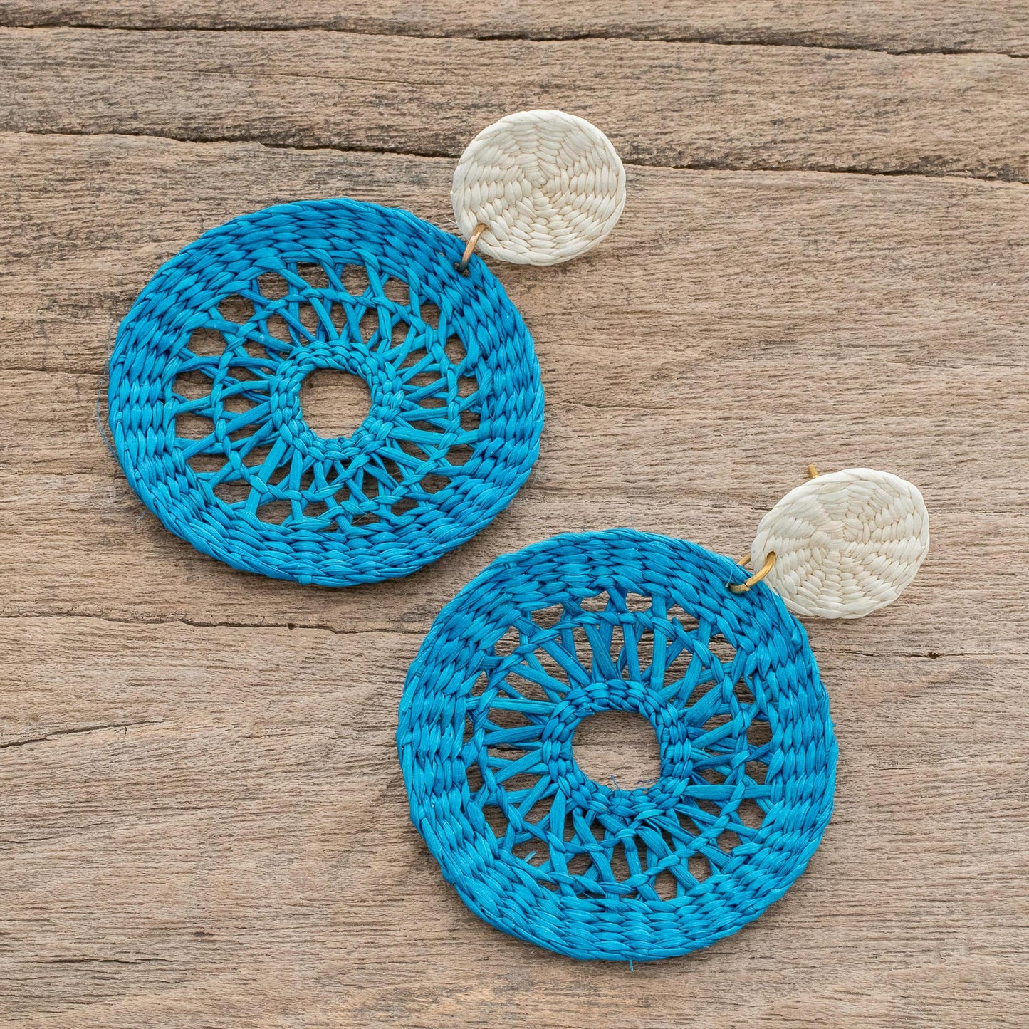 Delightful Nature in Azure Handmade Circular Natural Fiber Earrings in Azure