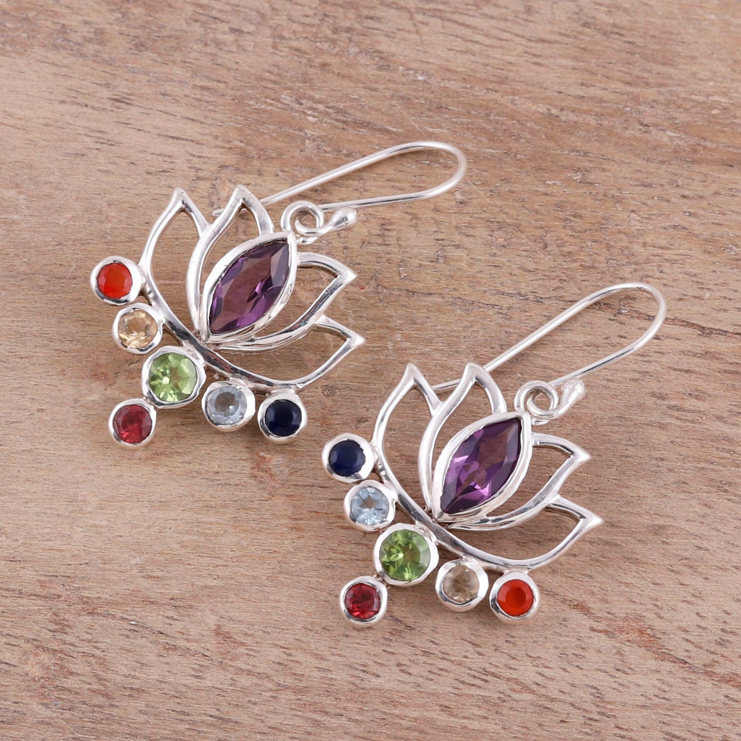 Lotus Chakra Floral Multi-Gemstone Chakra Dangle Earrings from India