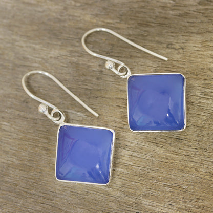 Sky Squares Square Blue Chalcedony Dangle Earrings Crafted in India