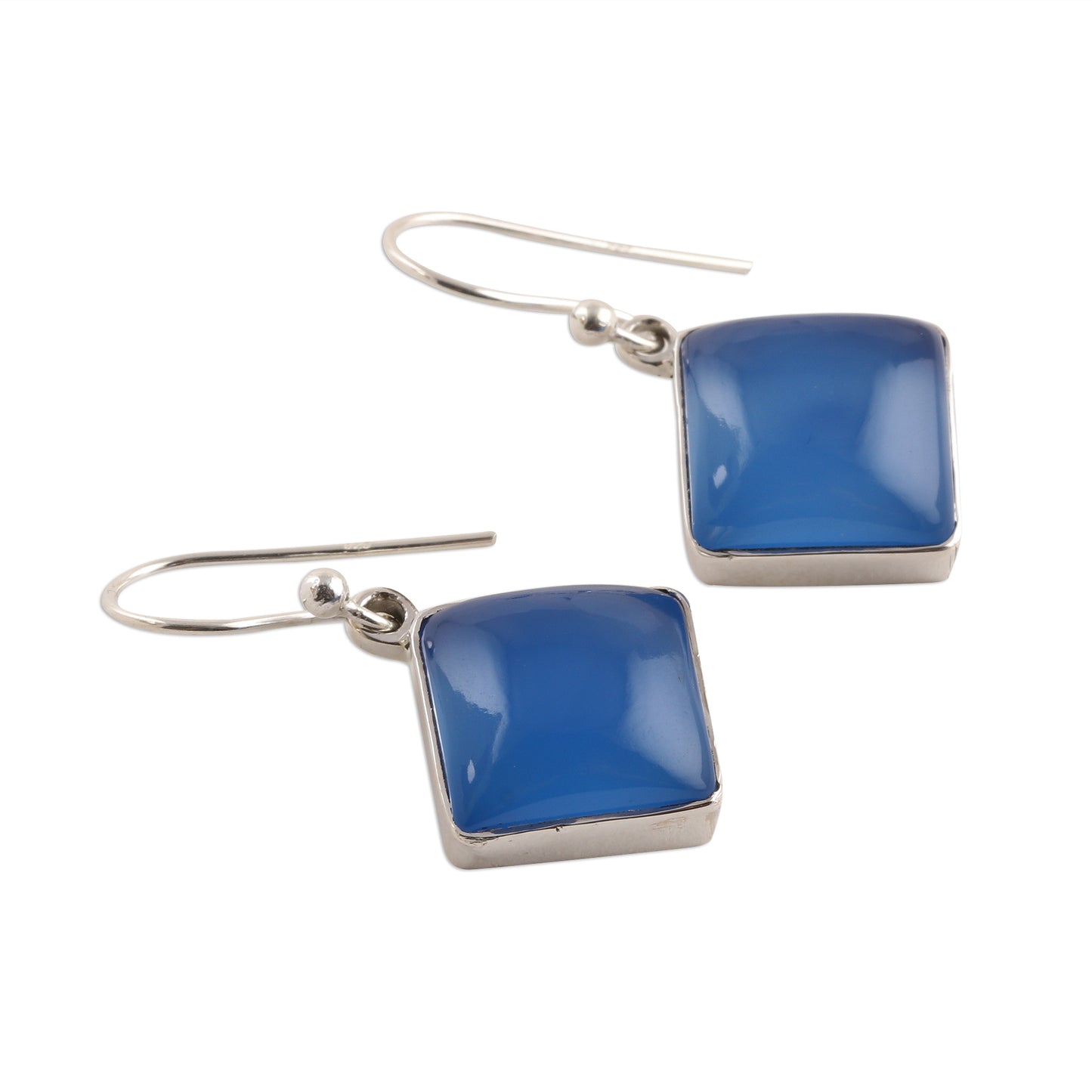 Sky Squares Square Blue Chalcedony Dangle Earrings Crafted in India