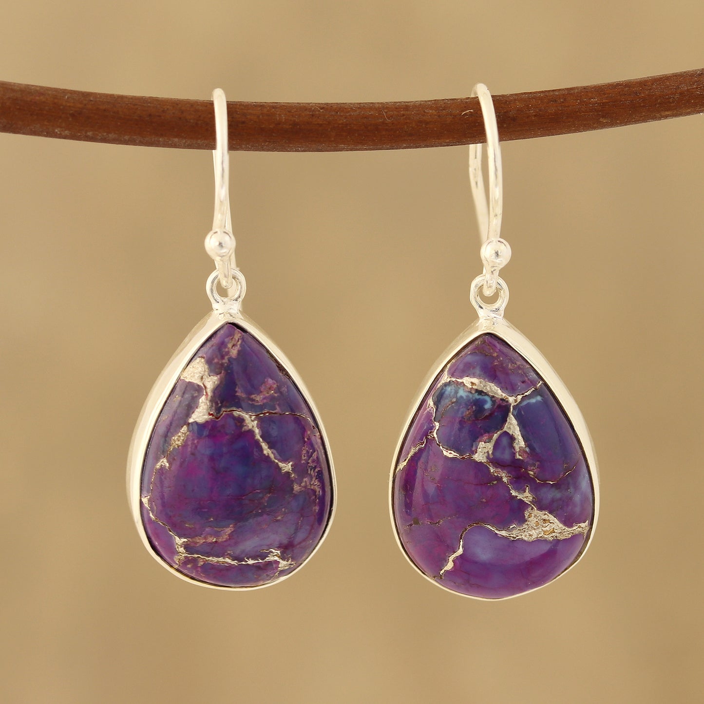 Regal Veins Purple Composite Turquoise Dangle Earrings from India