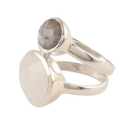 Evening Elegance Rainbow Moonstone and Labradorite Cocktail Ring from India