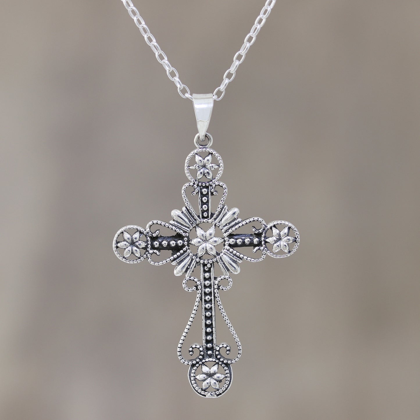 Floral Faith Floral Cross Sterling Silver Pendant Necklace from India