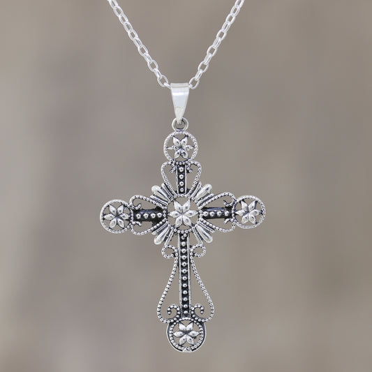 Floral Faith Floral Cross Sterling Silver Pendant Necklace from India