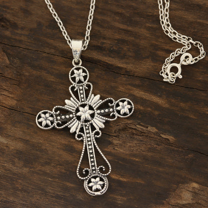 Floral Faith Floral Cross Sterling Silver Pendant Necklace from India