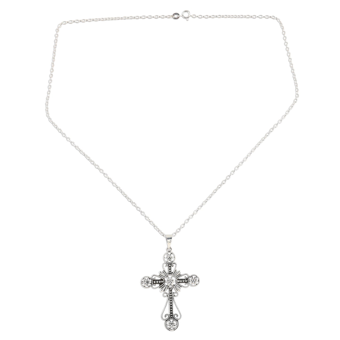 Floral Faith Floral Cross Sterling Silver Pendant Necklace from India