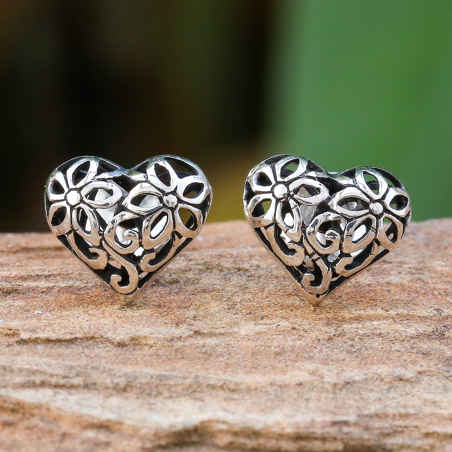 Filled with Flowers Heart-Shaped Floral Sterling Silver Stud Earrings