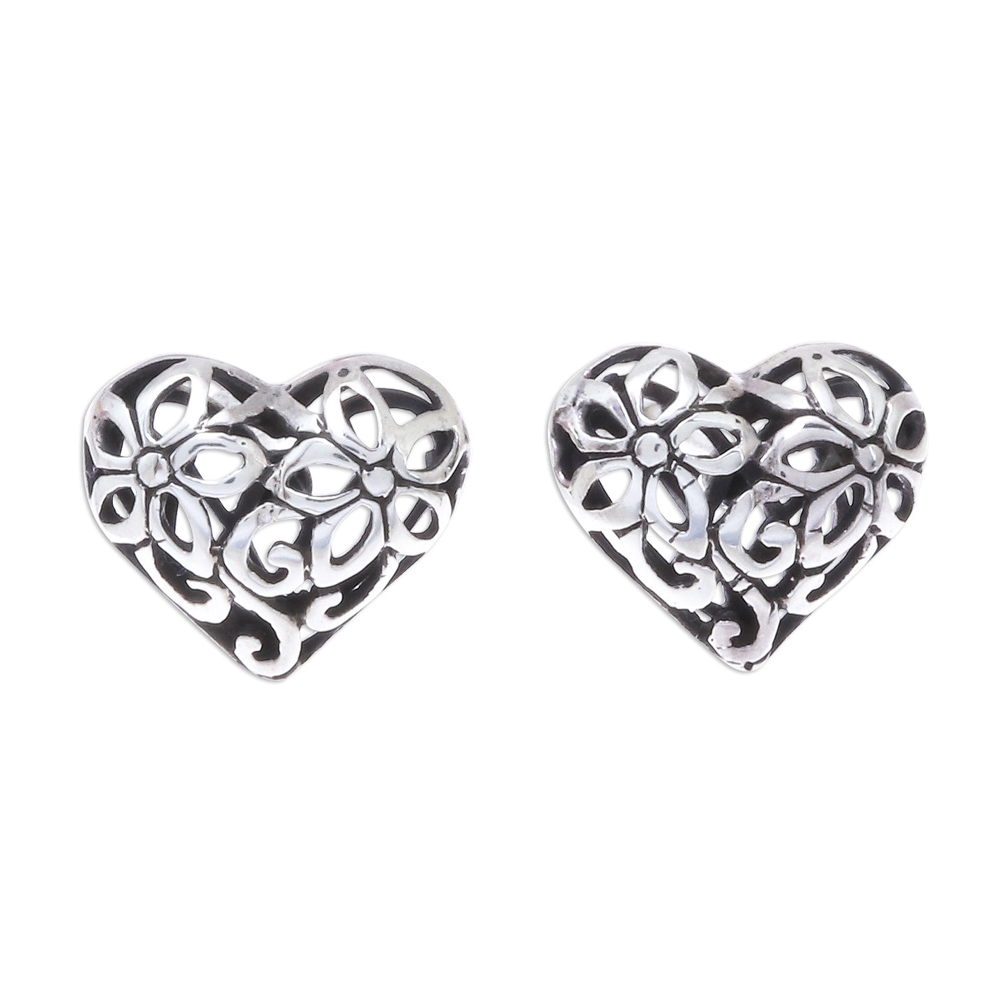 Filled with Flowers Heart-Shaped Floral Sterling Silver Stud Earrings