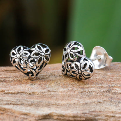 Filled with Flowers Heart-Shaped Floral Sterling Silver Stud Earrings