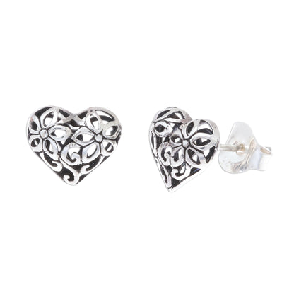 Filled with Flowers Heart-Shaped Floral Sterling Silver Stud Earrings