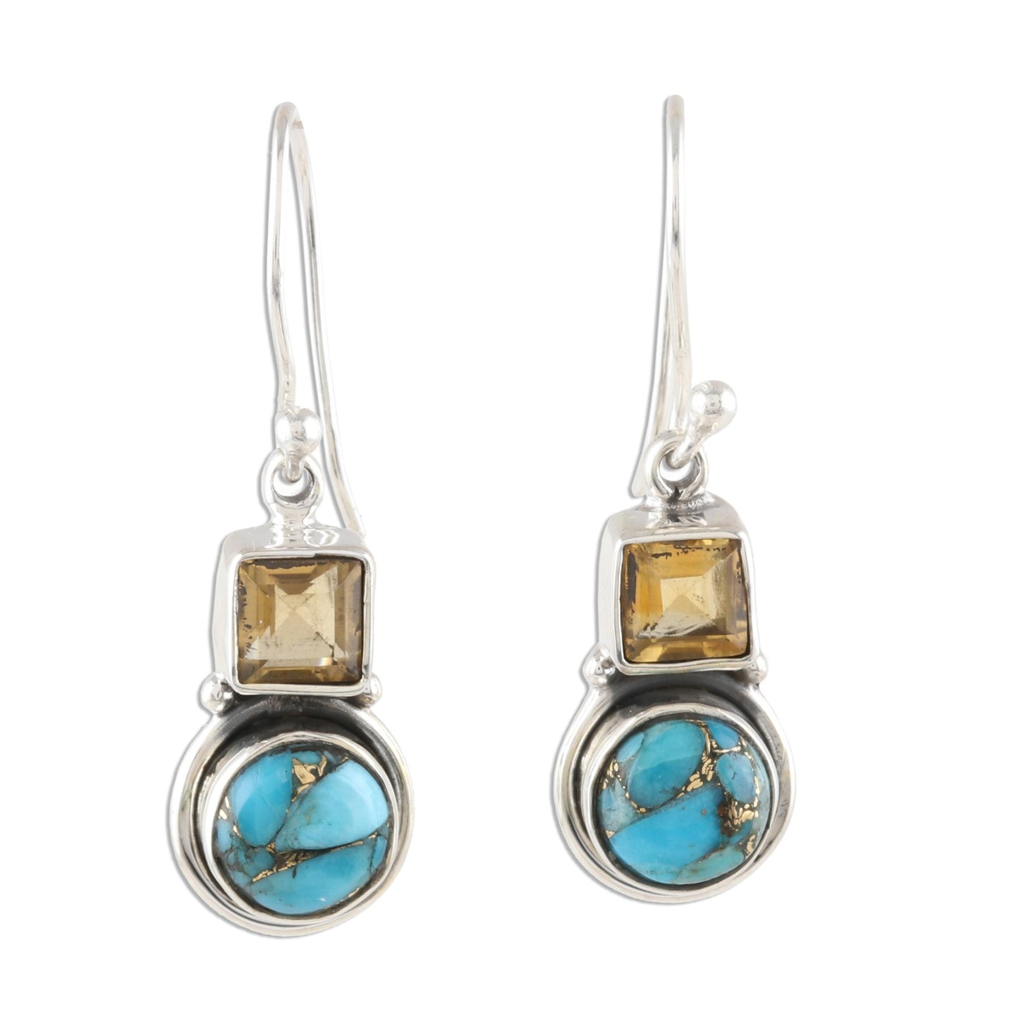 Glittering Combo Square Citrine and Composite Turquoise Dangle Earrings