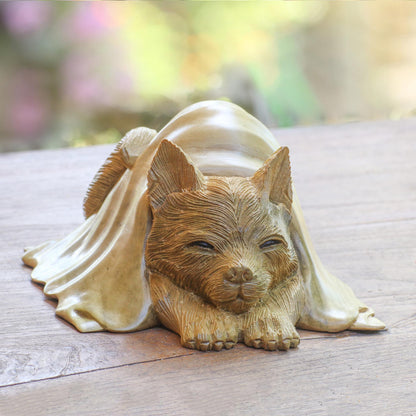 Chilly Cat Hibiscus Wood Sculpture of a Cat in a Blanket from Bali