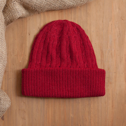 Comfy in Red Crimson Red 100% Alpaca Soft Cable Knit Hat from Peru