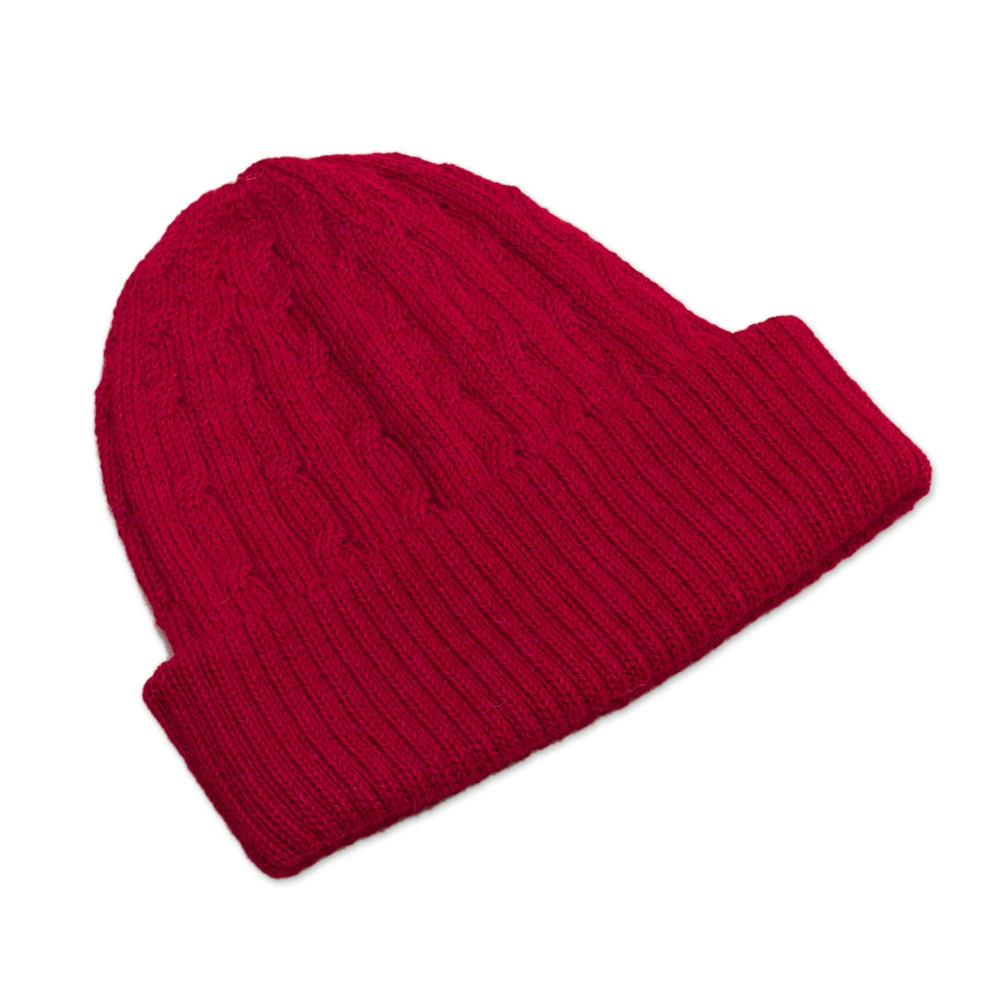 Comfy in Red Crimson Red 100% Alpaca Soft Cable Knit Hat from Peru