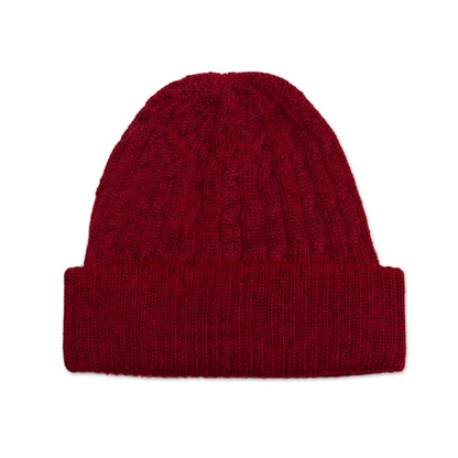 Comfy in Burgundy Cranberry Red 100% Alpaca Soft Cable Knit Hat from Peru