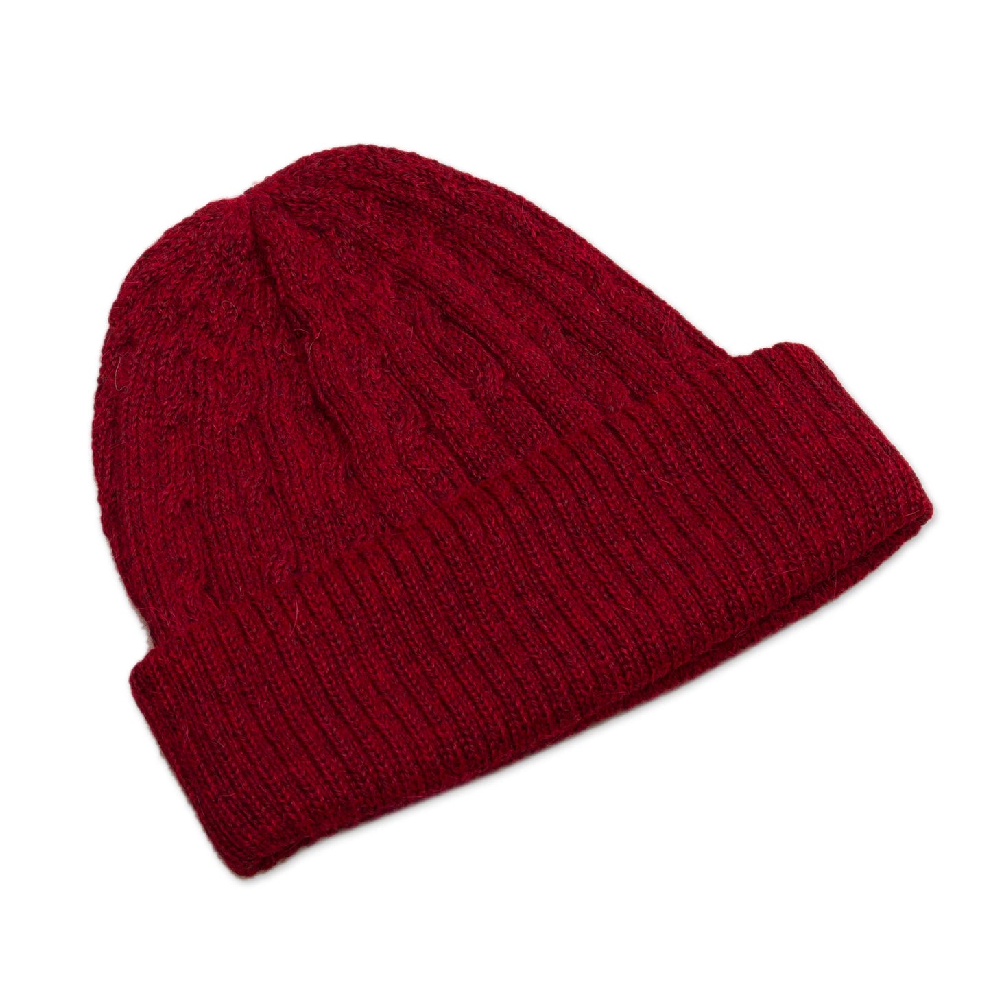 Comfy in Burgundy Cranberry Red 100% Alpaca Soft Cable Knit Hat from Peru