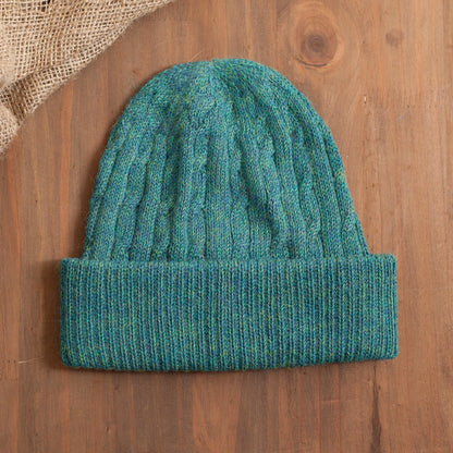 Comfy in Teal Teal 100% Alpaca Cable Pattern Soft Knit Hat From Peru