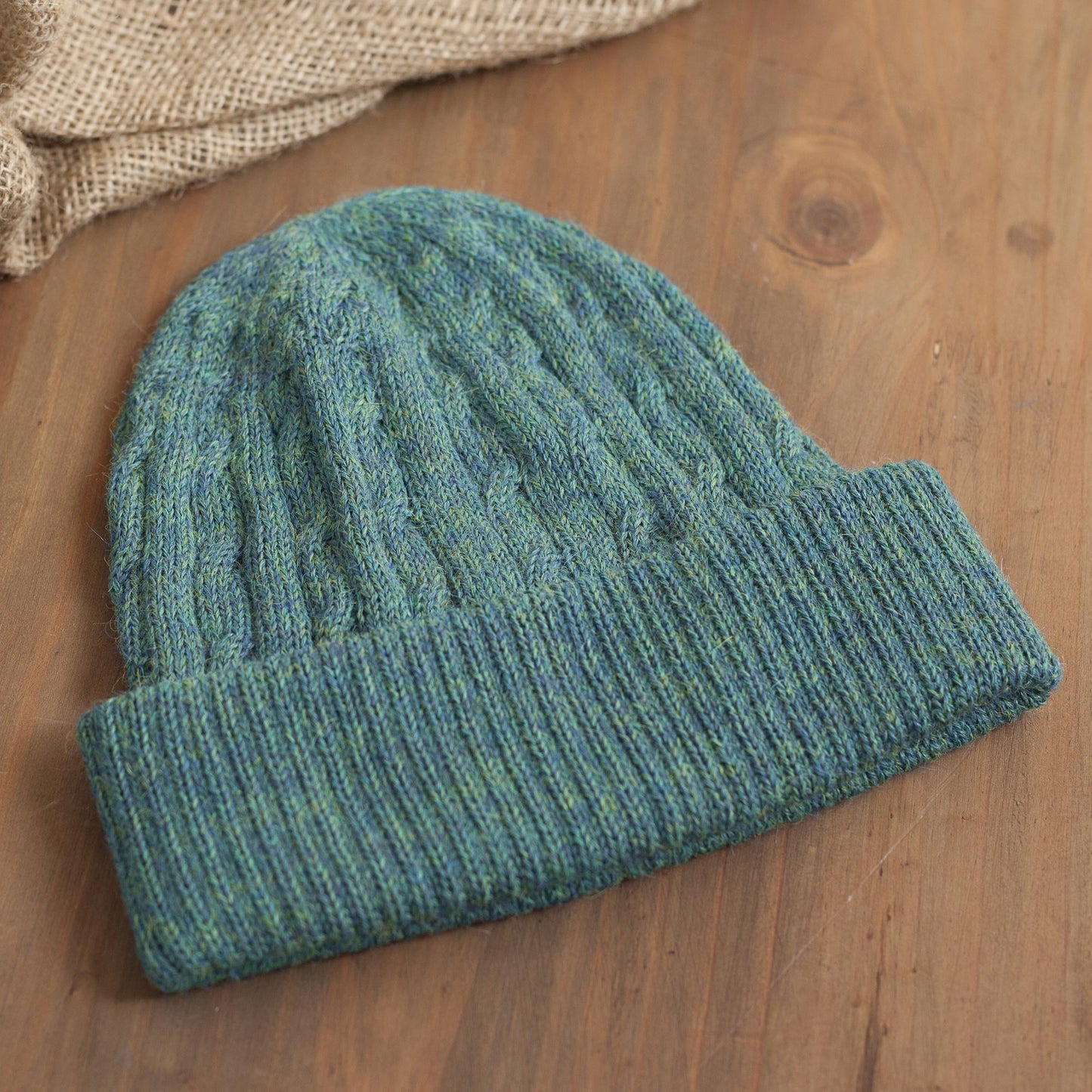 Comfy in Teal Teal 100% Alpaca Cable Pattern Soft Knit Hat From Peru