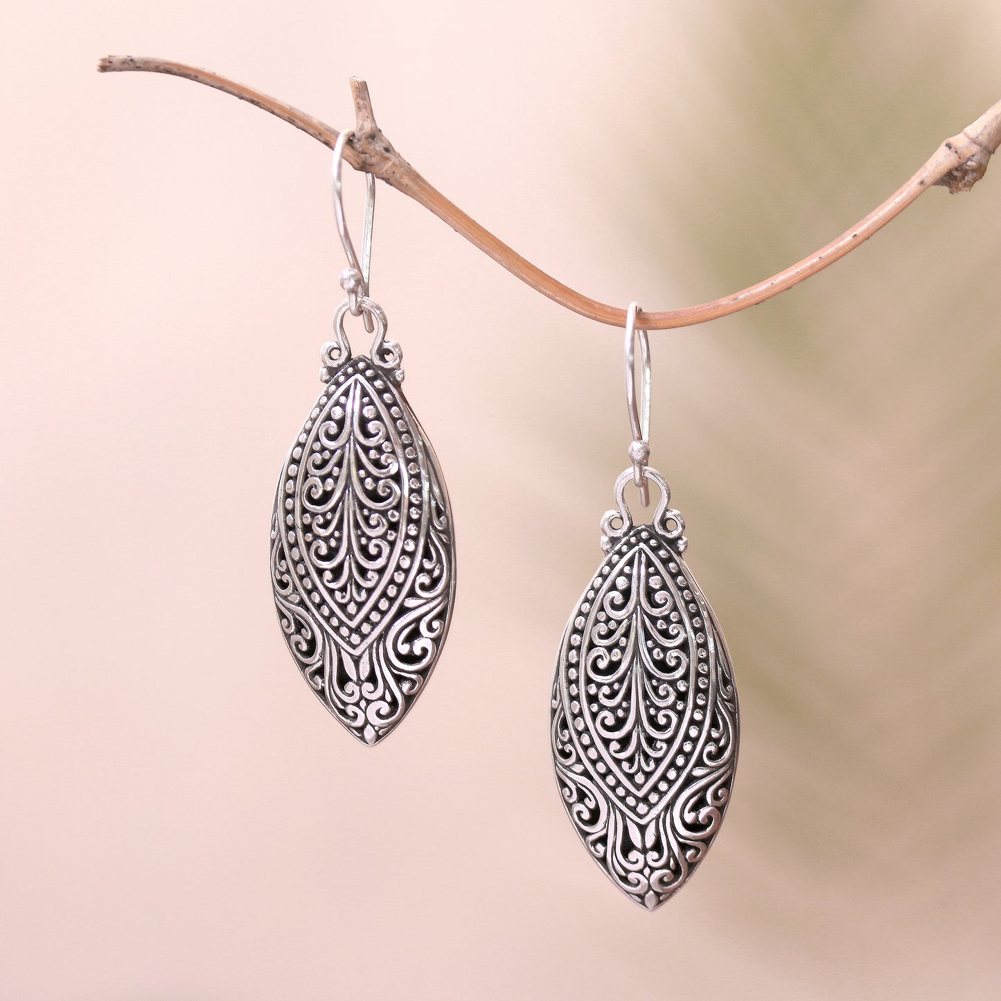 Marquise Antiquity Swirl Pattern Sterling Silver Dangle Earrings from Bali