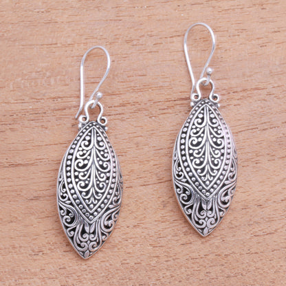 Marquise Antiquity Swirl Pattern Sterling Silver Dangle Earrings from Bali