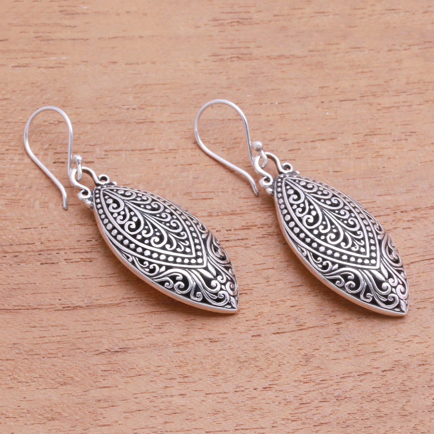 Marquise Antiquity Swirl Pattern Sterling Silver Dangle Earrings from Bali