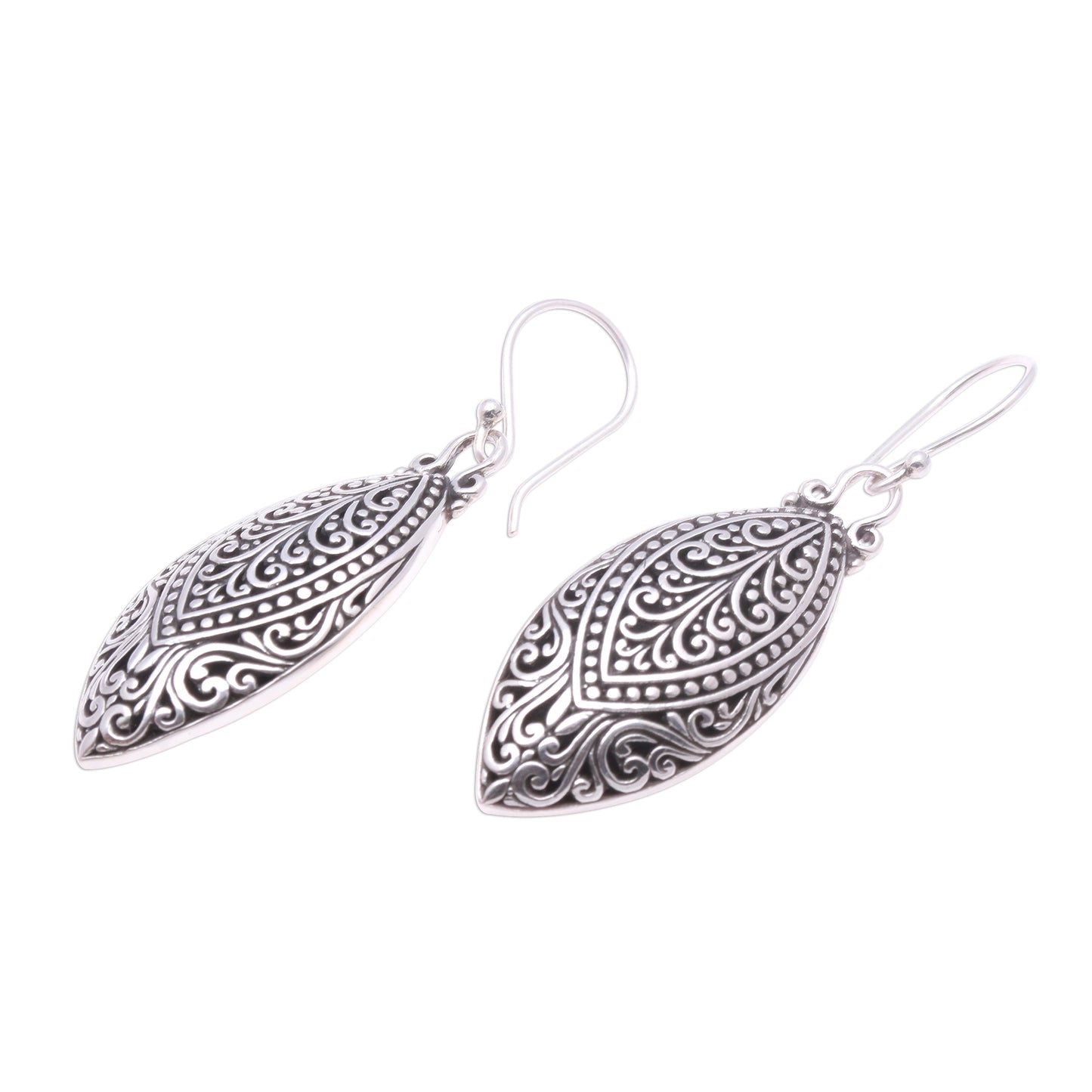 Marquise Antiquity Swirl Pattern Sterling Silver Dangle Earrings from Bali