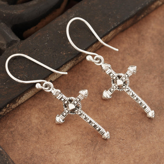 Faithful Dazzle Sterling Silver Cross Dangle Earrings from India