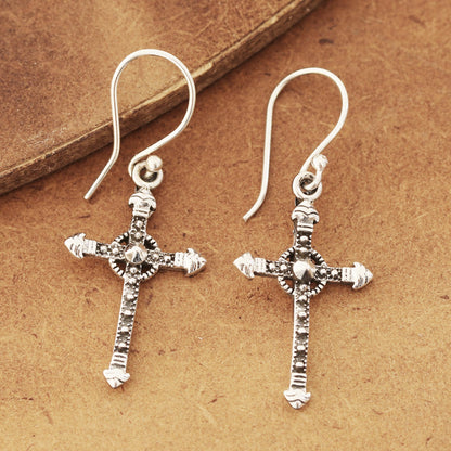 Faithful Dazzle Sterling Silver Cross Dangle Earrings from India