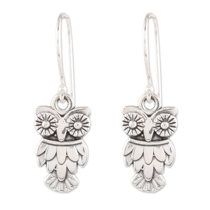 Night Vision Sterling Silver Owl Dangle Earrings from India