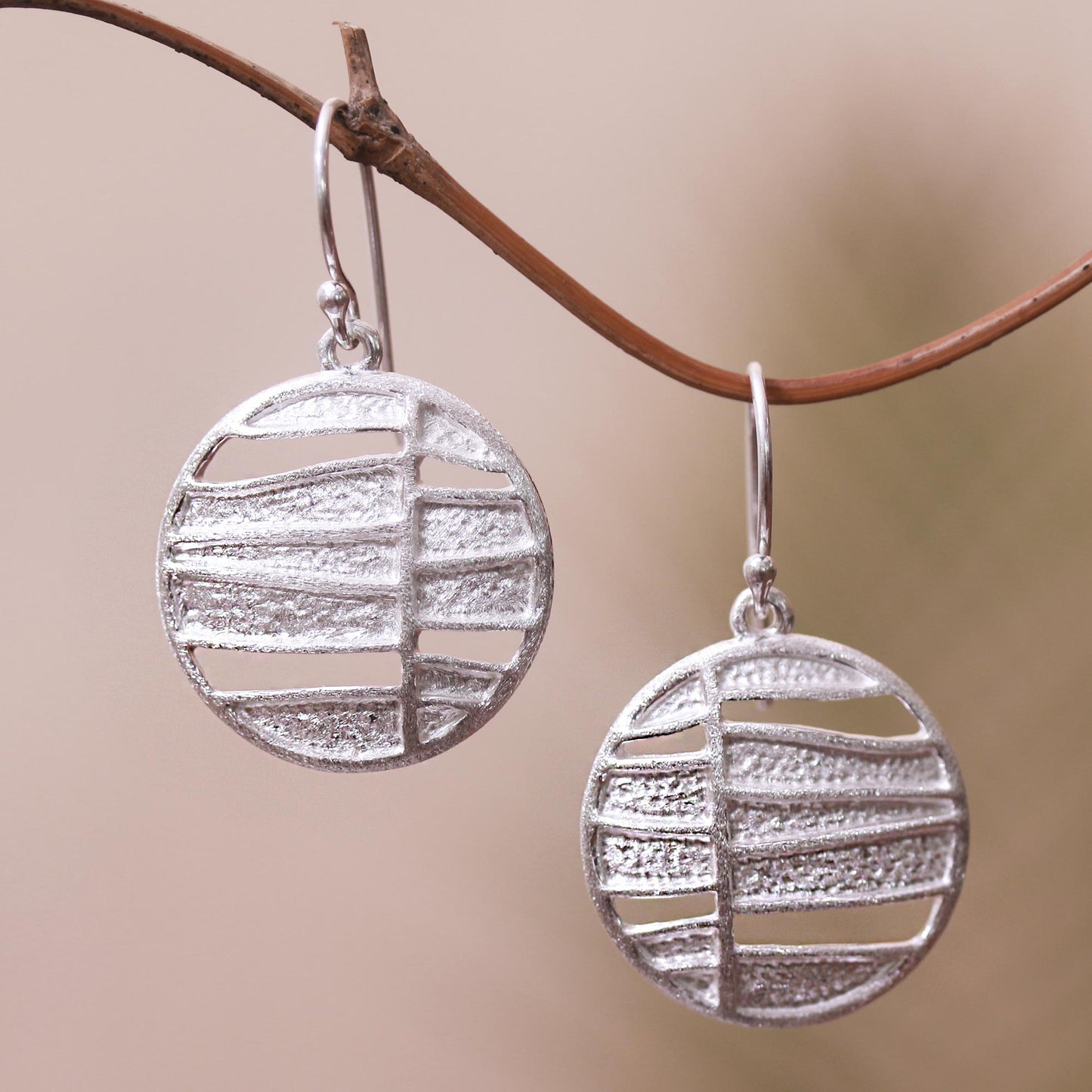 Intriguing Circles Modern Circular Sterling Silver Dangle Earrings from Bali