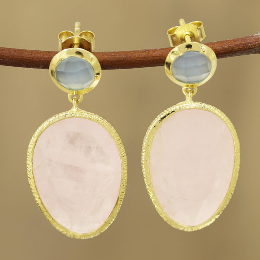 Sparkling Muse Gold Plated Rose Quartz and Chalcedony Dangle Earrings