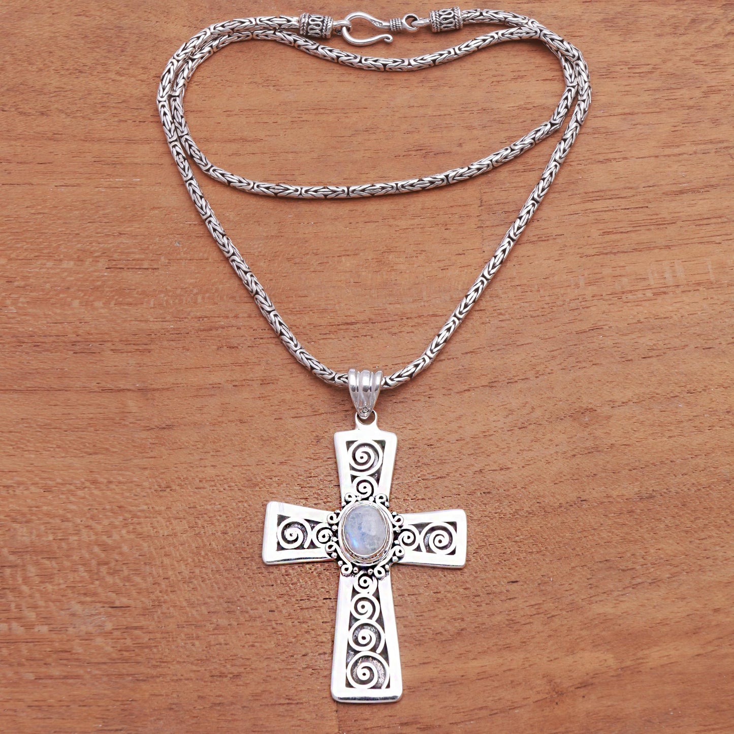 Mesmerizing Faith Rainbow Moonstone Cross Pendant Necklace from Bali