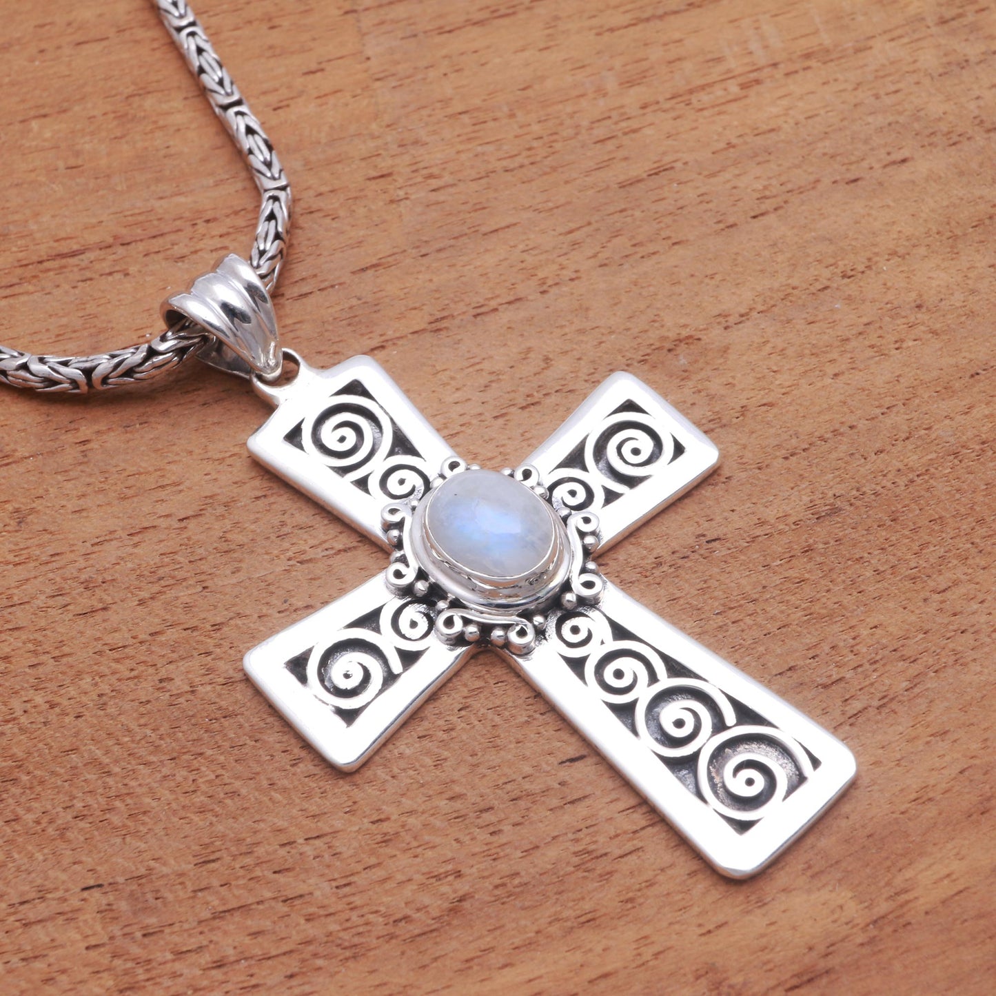 Mesmerizing Faith Rainbow Moonstone Cross Pendant Necklace from Bali