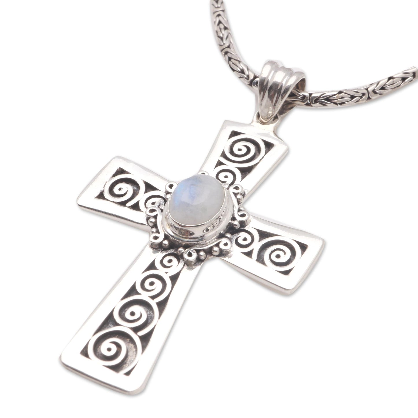 Mesmerizing Faith Rainbow Moonstone Cross Pendant Necklace from Bali