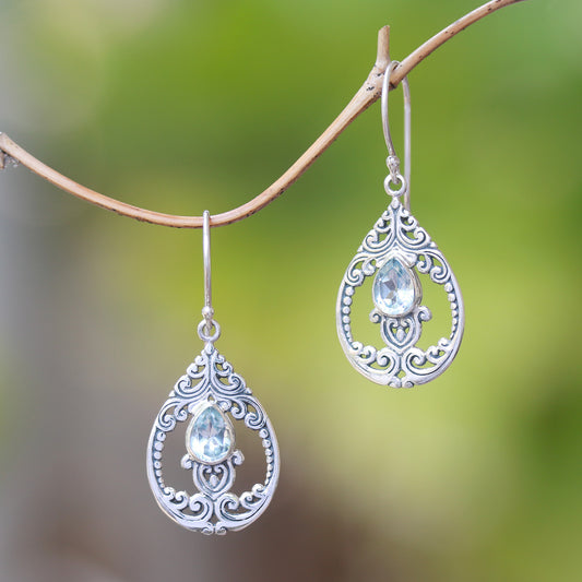 Glittering Pear Faceted Pear Blue Topaz Dangle Earrings from Bali